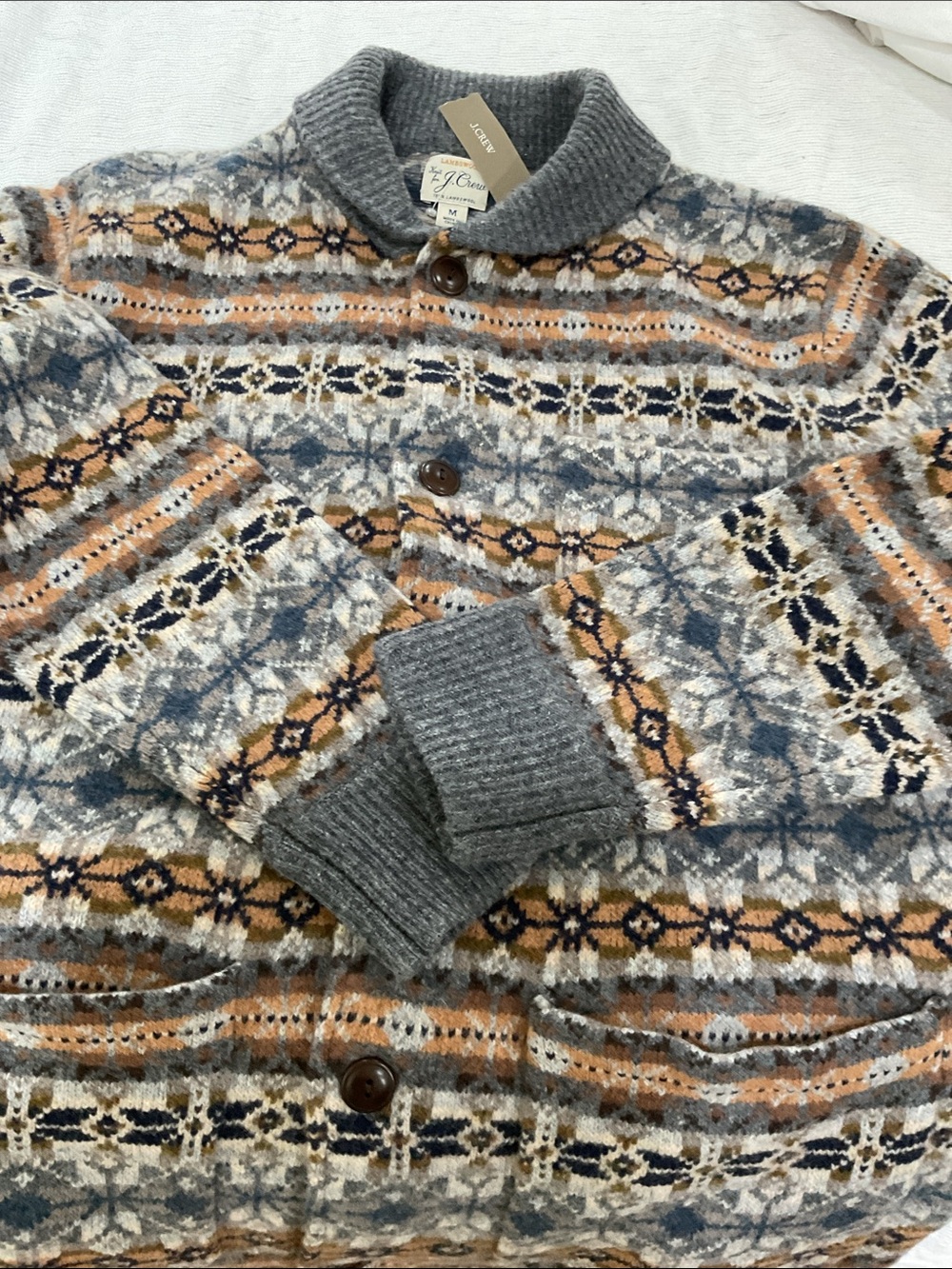 J. Crew Men’s Grey Fair Isle Lambswool Sweater - Picture 3 of 6